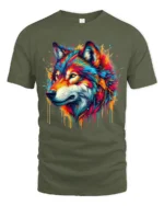Colorful Wolf Head T-Shirt Vibrant Artistic Animal Print Tee for Nature Lovers - military green t-shirt on white background