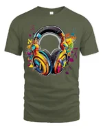 Retro Headphones T-Shirt Funky Music Lover Tee with Bright Audio Design - military green t-shirt on white background