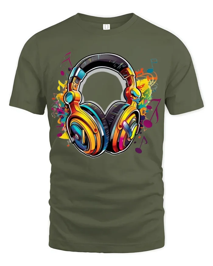 Retro Headphones T-Shirt Funky Music Lover Tee with Bright Audio Design - military green t-shirt on white background