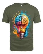 Creative Brain Lightbulb T-Shirt Artistic Mind Power Graphic Tee in Soft Cotton - military green t-shirt on white background