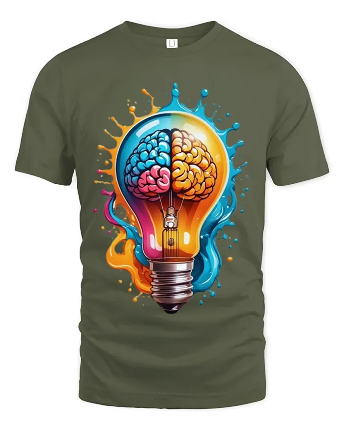 Creative Brain Lightbulb T-Shirt Artistic Mind Power Graphic Tee in Soft Cotton - military green t-shirt on white background