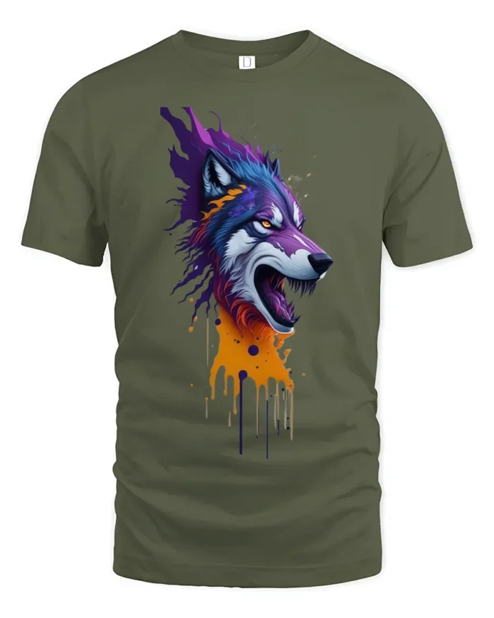 Howling Wolf T-Shirt with Dripping Paint Design Soft Cotton Tee for Wild Souls - military green t-shirt on white background
