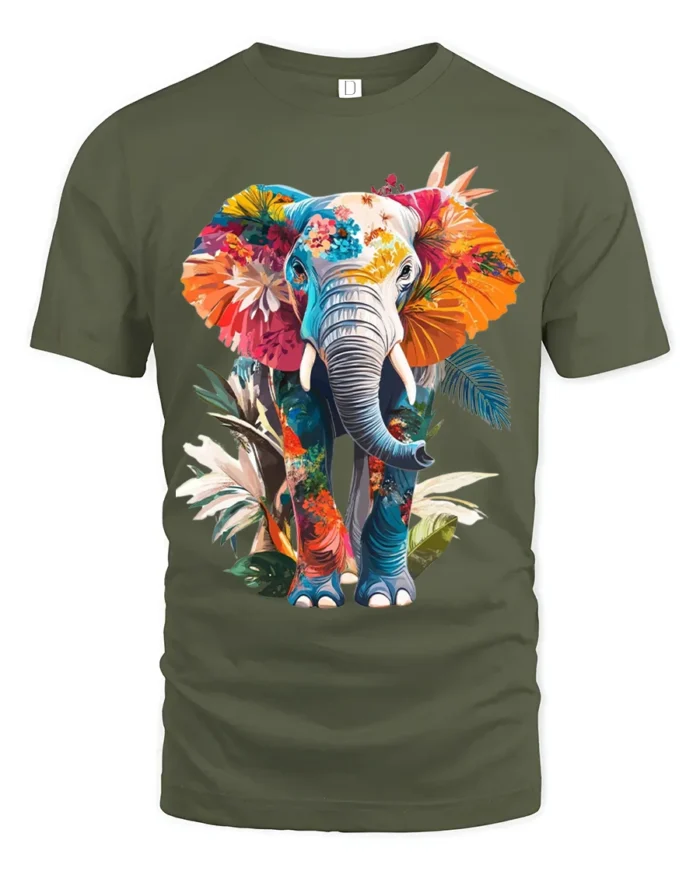 Colorful Elephant T-Shirt with Floral Design Soft Artistic Jungle Tee for Nature Fans - military green t-shirt on white background