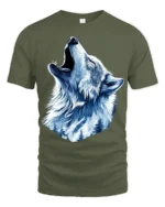 Winter Wolf Graphic T-Shirt Mountain Howl Animal Tee for Outdoor and Wildlife Fans - military green t-shirt on white background