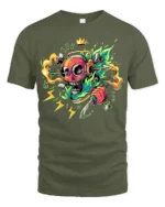 Neon Skull T-Shirt with Knife and Headphones Graphic Street Tee for Edgy Looks - military green t-shirt on white background
