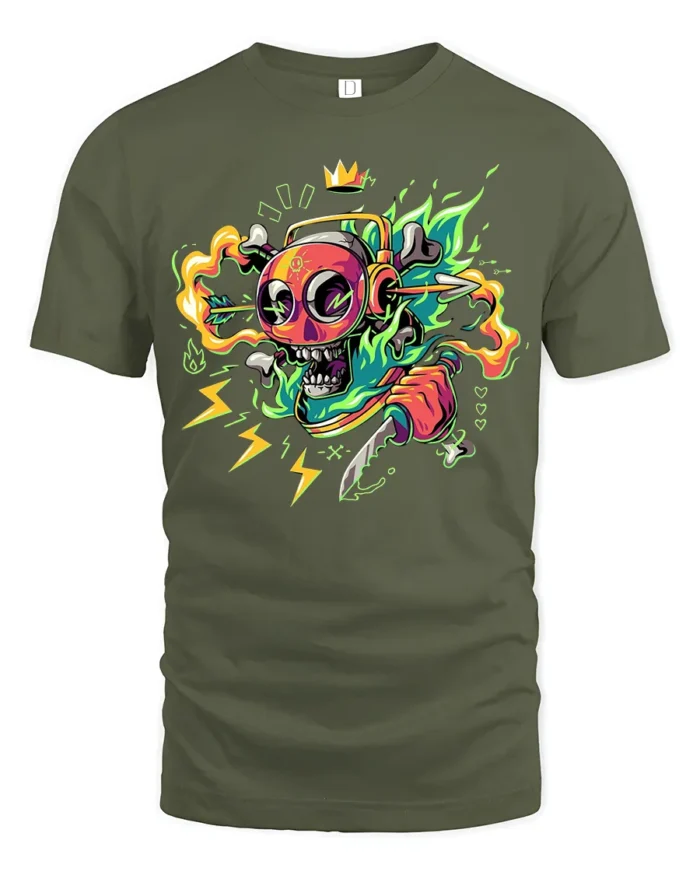 Neon Skull T-Shirt with Knife and Headphones Graphic Street Tee for Edgy Looks - military green t-shirt on white background