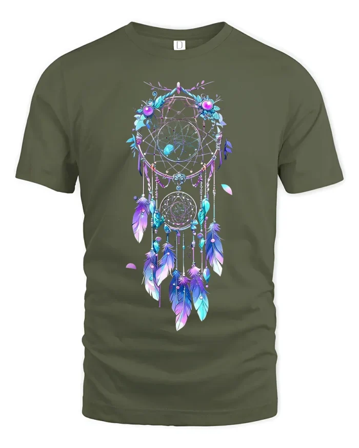 Spiritual Dreamcatcher Graphic T-Shirt Soft Bohemian Tee with Feathers Design - military green t-shirt on white background