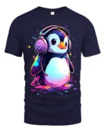 Cute Penguin DJ T-Shirt for Music Lovers Soft Cotton Tee with Vibrant Print - navy t-shirt on white background