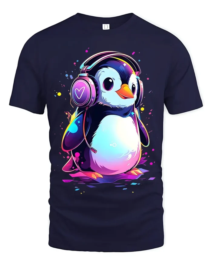 Cute Penguin DJ T-Shirt for Music Lovers Soft Cotton Tee with Vibrant Print - navy t-shirt on white background