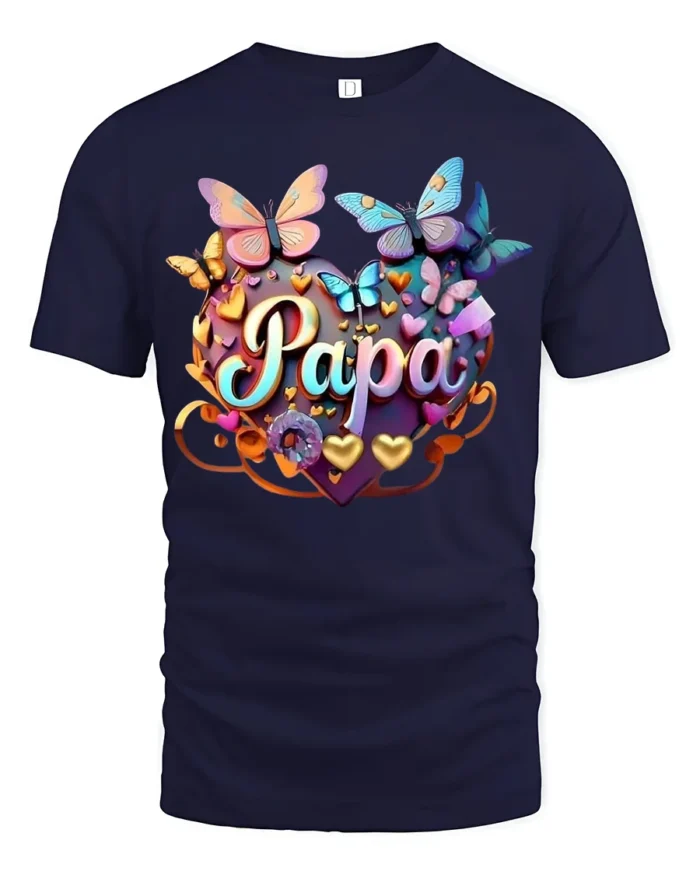 Papa Heart Butterfly T-Shirt Colorful Gift Tee for Dad’s Birthday or Father’s Day - navy t-shirt on white background