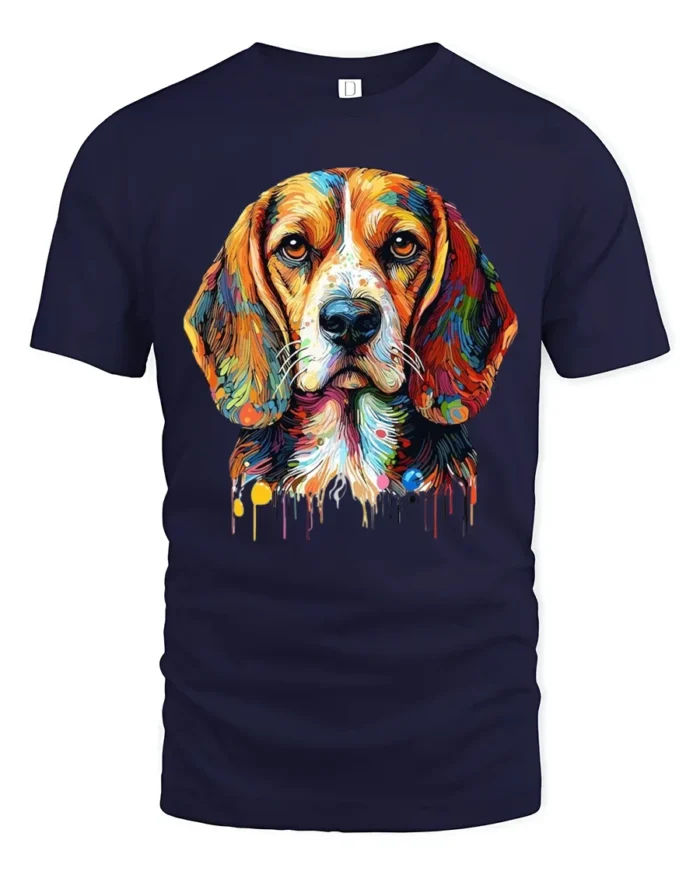 Rainbow Beagle Art T-Shirt Cute Colorful Dog Graphic Tee for Animal Fans - navy t-shirt on white background