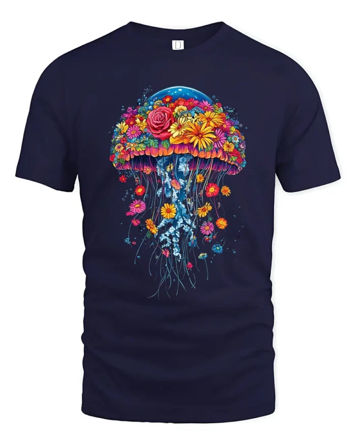 Floral Jellyfish T-Shirt Vibrant Ocean Nature Tee for Flower and Sea Lovers - navy t-shirt on white background