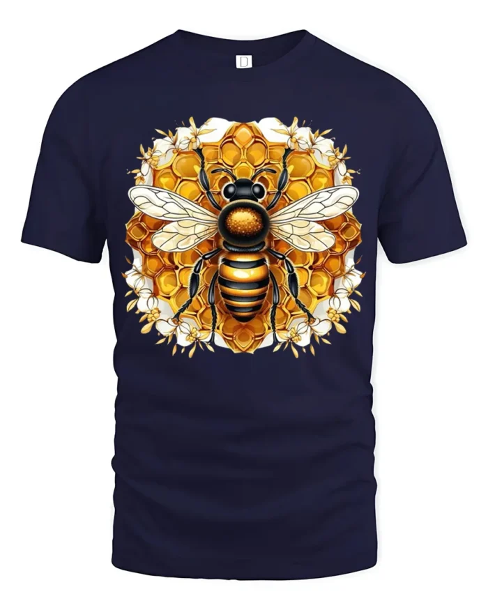 Bee Lover T-Shirt Stylish Honeycomb Insect Art Tee for Nature Fans and Gardeners - navy t-shirt on white background