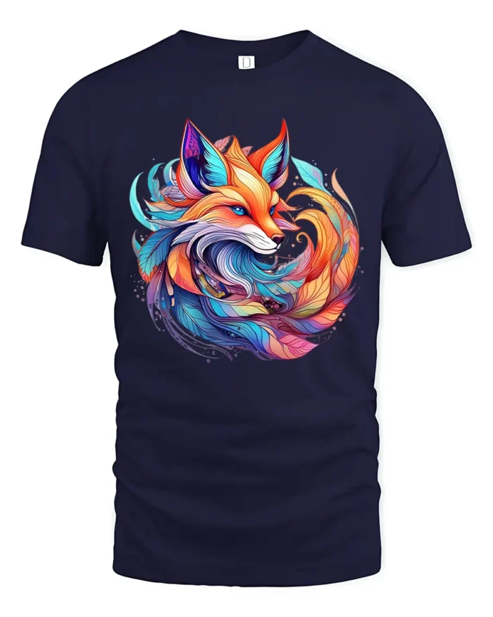 Colorful Fox T-Shirt Artistic Spirit Animal Tee with Vivid Fantasy Design - navy t-shirt on white background