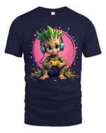 Gaming Tree Sprout T-Shirt - Funny Nerdy Tee with Headphones and Controller - navy t-shirt on white background