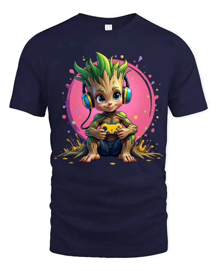 Gaming Tree Sprout T-Shirt - Funny Nerdy Tee with Headphones and Controller - navy t-shirt on white background
