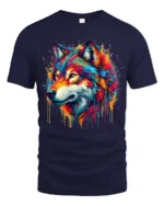 Colorful Wolf Head T-Shirt Vibrant Artistic Animal Print Tee for Nature Lovers - navy t-shirt on white background