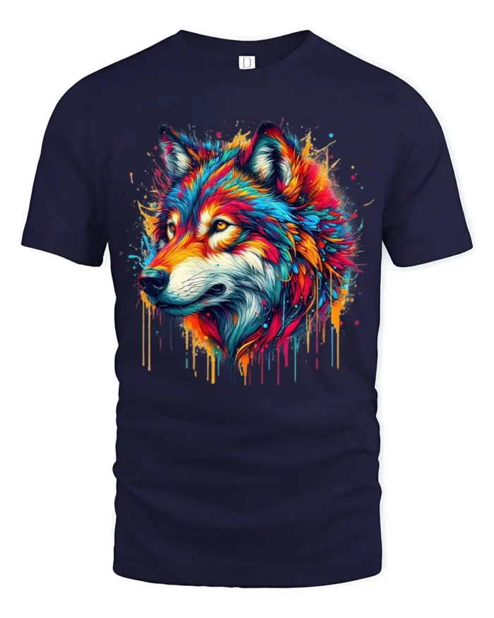Colorful Wolf Head T-Shirt Vibrant Artistic Animal Print Tee for Nature Lovers - navy t-shirt on white background