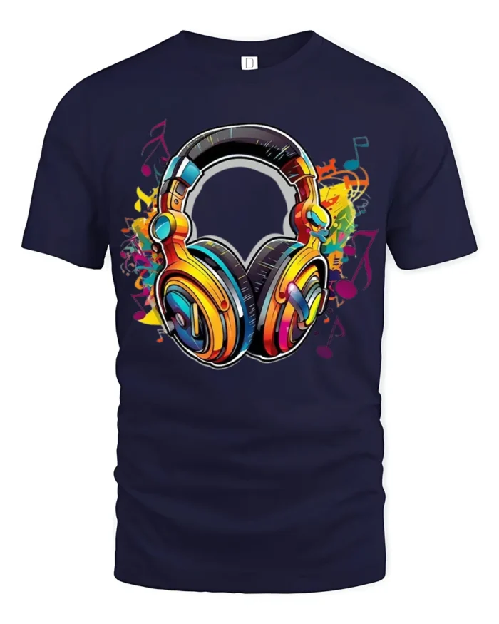 Retro Headphones T-Shirt Funky Music Lover Tee with Bright Audio Design - navy t-shirt on white background