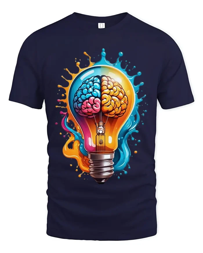 Creative Brain Lightbulb T-Shirt Artistic Mind Power Graphic Tee in Soft Cotton - navy t-shirt on white background