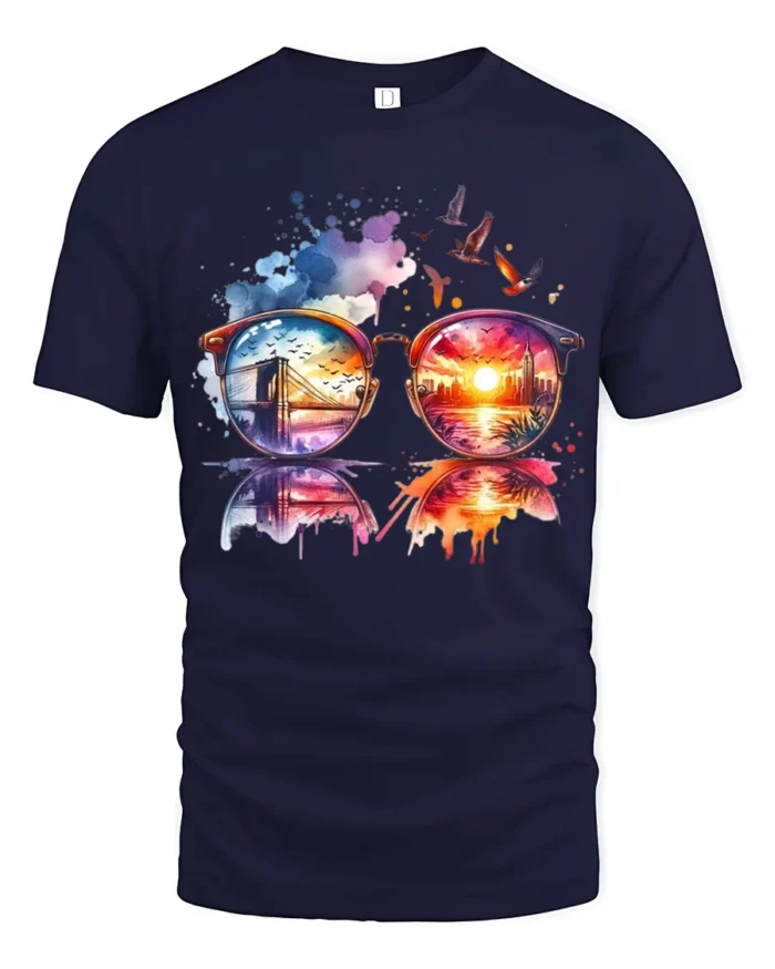 Cool City View Through Sunglasses Artistic Vacation Style Graphic Tee - navy t-shirt on white background