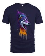Howling Wolf T-Shirt with Dripping Paint Design Soft Cotton Tee for Wild Souls - navy t-shirt on white background