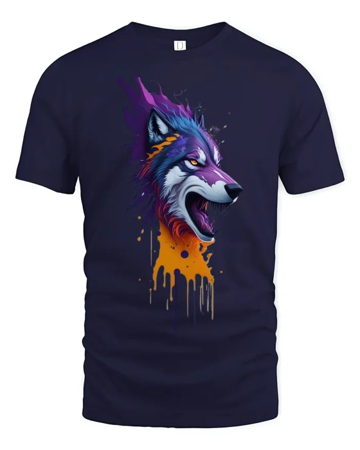 Howling Wolf T-Shirt with Dripping Paint Design Soft Cotton Tee for Wild Souls - navy t-shirt on white background