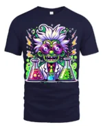 Crazy Scientist T-Shirt for Science Fans Neon Lab Graphic Tee with Funny Style - navy t-shirt on white background