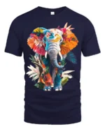 Colorful Elephant T-Shirt with Floral Design Soft Artistic Jungle Tee for Nature Fans - navy t-shirt on white background
