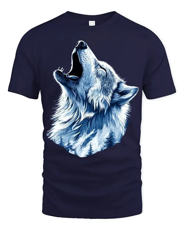 Winter Wolf Graphic T-Shirt Mountain Howl Animal Tee for Outdoor and Wildlife Fans - navy t-shirt on white background