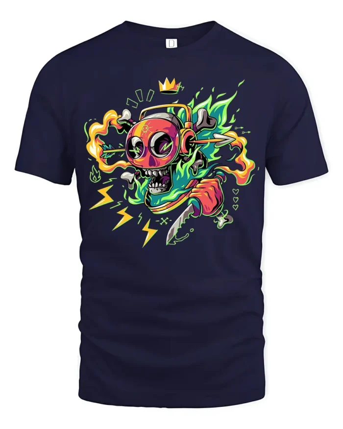 Neon Skull T-Shirt with Knife and Headphones Graphic Street Tee for Edgy Looks - navy t-shirt on white background