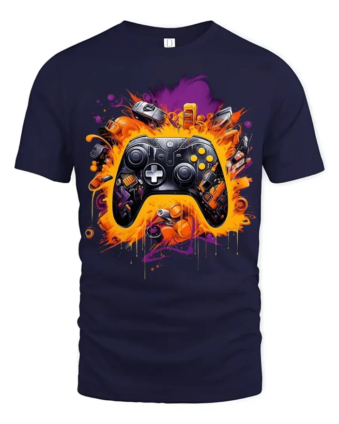 Gamer Controller Explosion T-Shirt Cool Graphic Tee for Video Game Lovers USA - navy t-shirt on white background