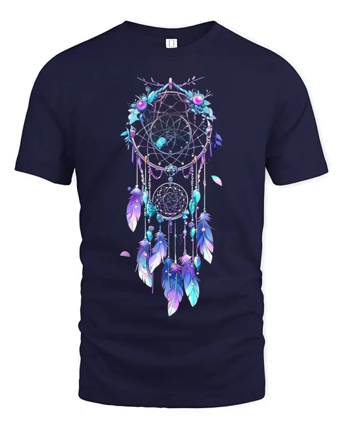 Spiritual Dreamcatcher Graphic T-Shirt Soft Bohemian Tee with Feathers Design - navy t-shirt on white background