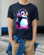 Cute Penguin DJ T-Shirt for Music Lovers Soft Cotton Tee with Vibrant Print - model wearing navy shirt, hands in pockets