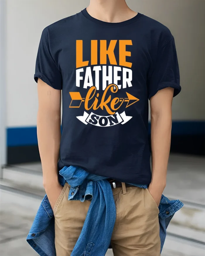 Father Son Matching Quote T-Shirt Funny Family Tee for Dad and Kids Gift Idea - model wearing navy shirt, hands in pockets