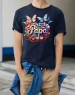 Papa Heart Butterfly T-Shirt Colorful Gift Tee for Dad’s Birthday or Father’s Day - model wearing navy shirt, hands in pockets