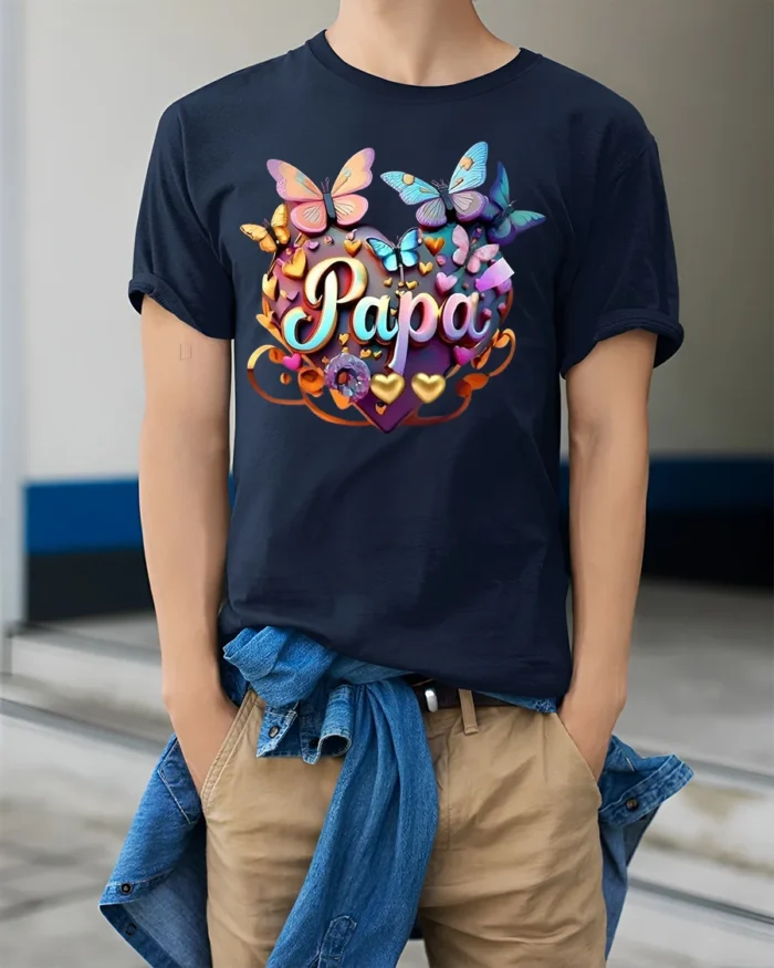 Papa Heart Butterfly T-Shirt Colorful Gift Tee for Dad’s Birthday or Father’s Day - model wearing navy shirt, hands in pockets