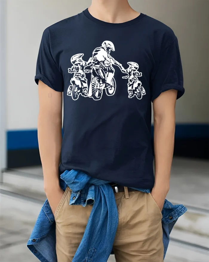 Dad and Kids Motocross T-Shirt Dirt Bike Rider Gift Tee for Father’s Day USA - model wearing navy shirt, hands in pockets