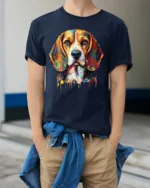 Rainbow Beagle Art T-Shirt Cute Colorful Dog Graphic Tee for Animal Fans - model wearing navy shirt, hands in pockets