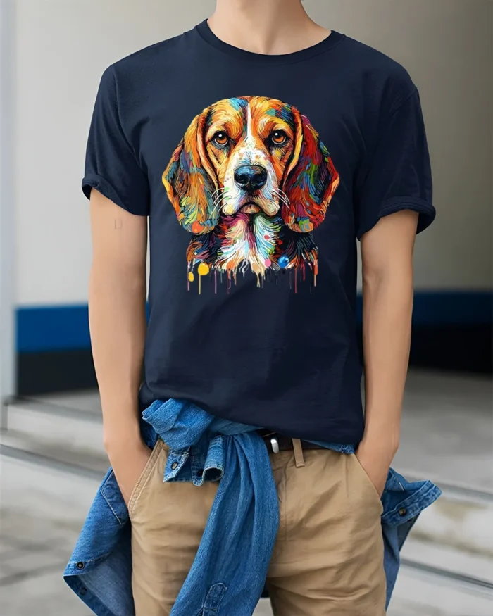 Rainbow Beagle Art T-Shirt Cute Colorful Dog Graphic Tee for Animal Fans - model wearing navy shirt, hands in pockets