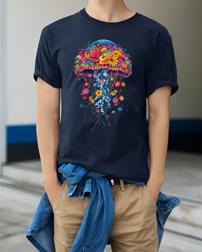Floral Jellyfish T-Shirt Vibrant Ocean Nature Tee for Flower and Sea Lovers - model wearing navy shirt, hands in pockets