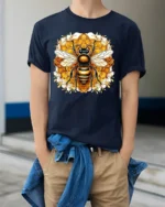 Bee Lover T-Shirt Stylish Honeycomb Insect Art Tee for Nature Fans and Gardeners - model wearing navy shirt, hands in pockets