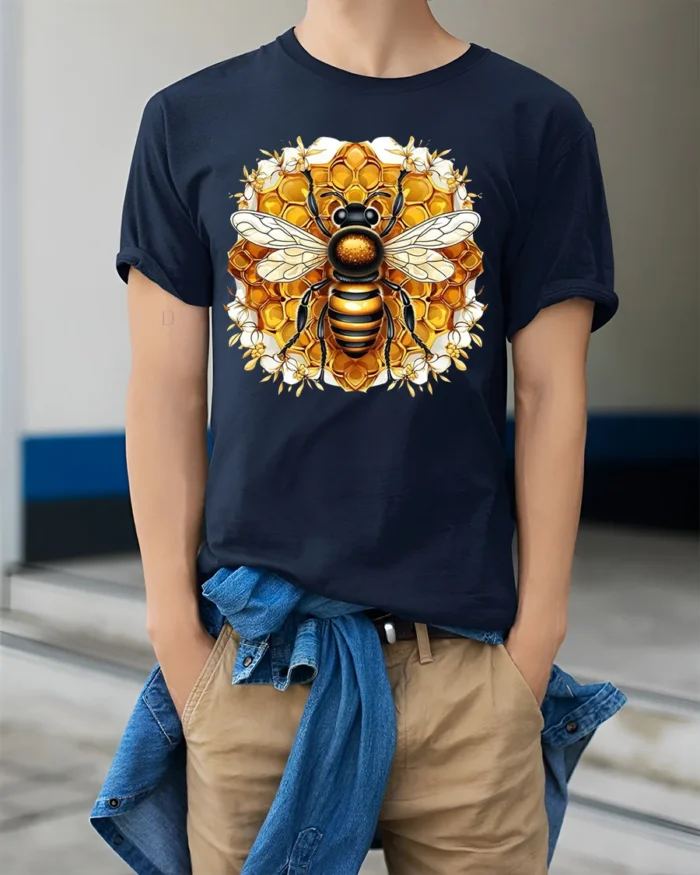 Bee Lover T-Shirt Stylish Honeycomb Insect Art Tee for Nature Fans and Gardeners - model wearing navy shirt, hands in pockets