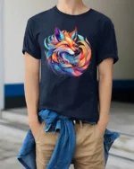 Colorful Fox T-Shirt Artistic Spirit Animal Tee with Vivid Fantasy Design - model wearing navy shirt, hands in pockets