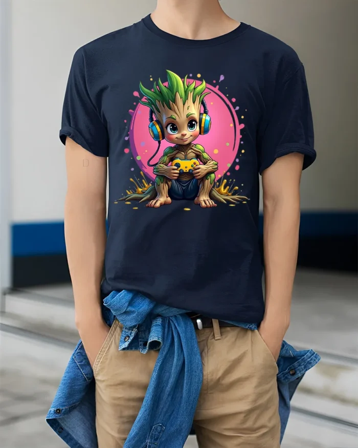Gaming Tree Sprout T-Shirt - Funny Nerdy Tee with Headphones and Controller - model wearing navy shirt, hands in pockets