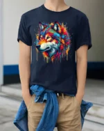 Colorful Wolf Head T-Shirt Vibrant Artistic Animal Print Tee for Nature Lovers - model wearing navy shirt, hands in pockets