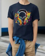 Retro Headphones T-Shirt Funky Music Lover Tee with Bright Audio Design - model wearing navy shirt, hands in pockets