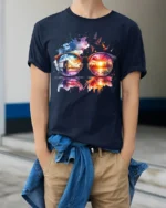 Cool City View Through Sunglasses Artistic Vacation Style Graphic Tee - model wearing navy shirt, hands in pockets