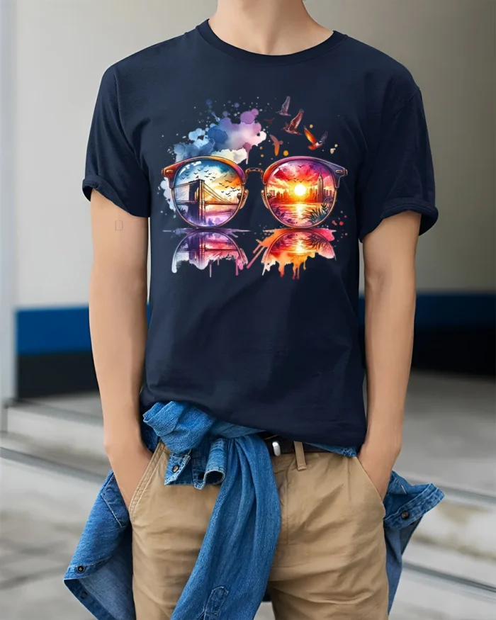 Cool City View Through Sunglasses Artistic Vacation Style Graphic Tee - model wearing navy shirt, hands in pockets