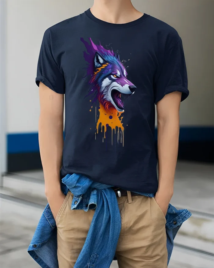 Howling Wolf T-Shirt with Dripping Paint Design Soft Cotton Tee for Wild Souls - model wearing navy shirt, hands in pockets